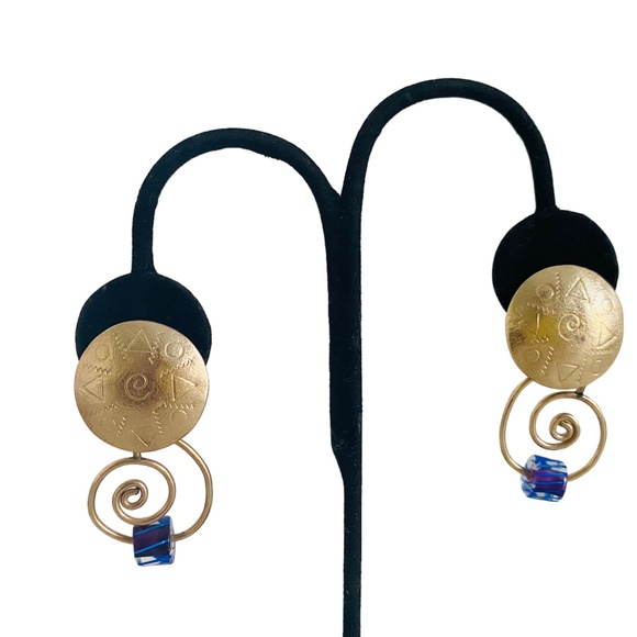 Barbara Sucherman 14 KT Gold Plated Sterling Silver Blue Glass 80 Earrings Rare - Picture 2 of 6